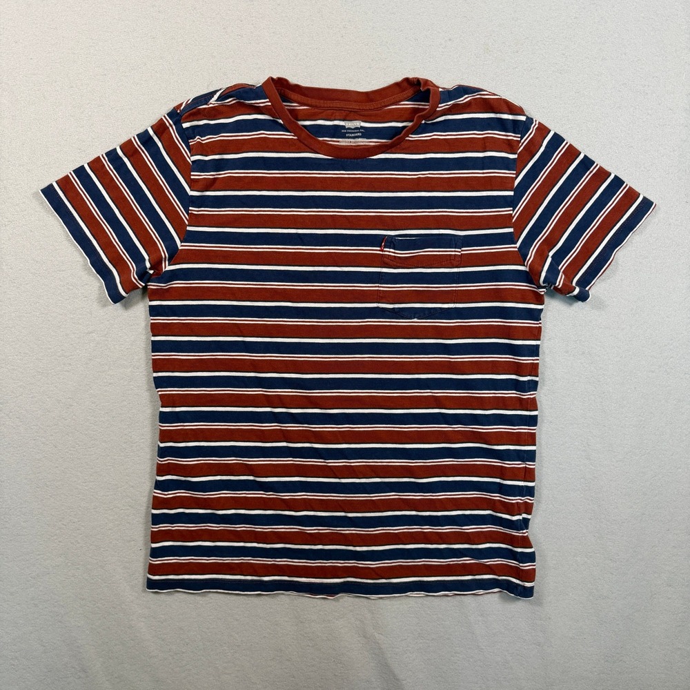 Levis Mens Standard Fit Striped Pocket T Shirt M Navy Rust White Crew Neck